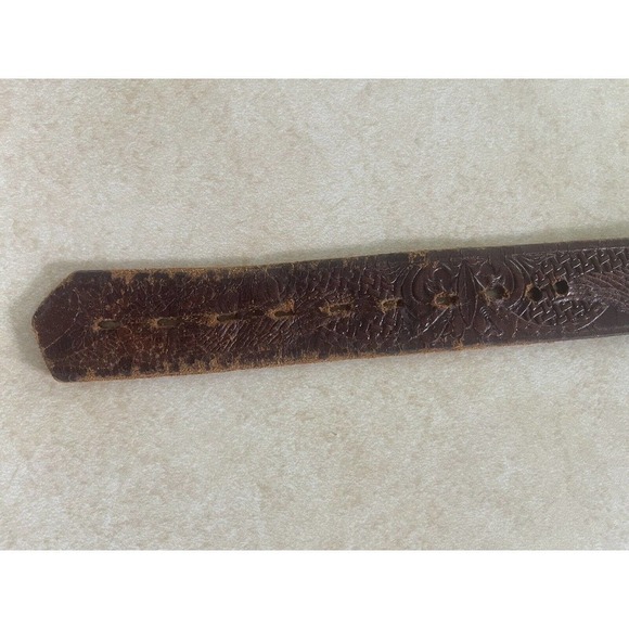 Vintage Hand Tooled Buckle Belt 44 Handcrafted Western Top Grain Leather Brown - Picture 8 of 8